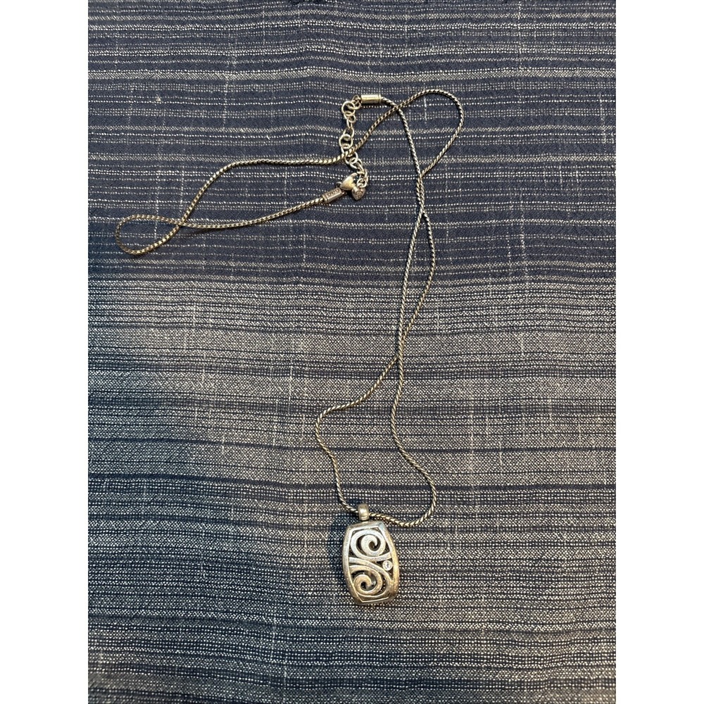 Brighton LONDON GROOVE Silver Scrolled Rectangle Badge Holder Long Necklace 32"